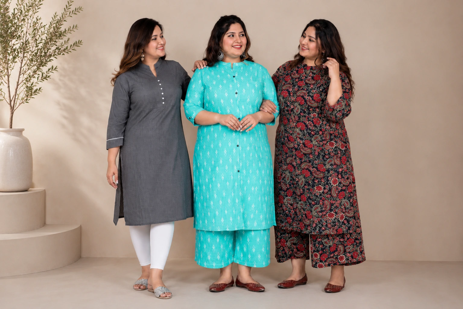 Three women in Attiris hand-block printed kurtas — grey dot print, mint ikat, and floral paisley — standing together and smiling
