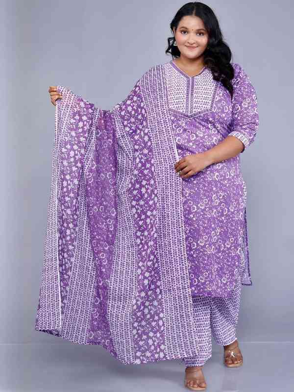 [KUR064.1] Women's Plus Size Cotton Printed Kurta Pant Set with Dupatta, Purple (3XL)