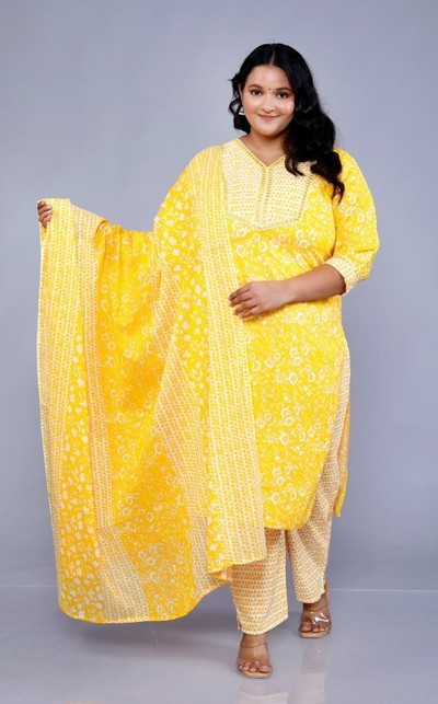 [KUR060.1] Women's Plus Size Cotton Printed Kurta Pant Set with Dupatta, Yellow (3XL)