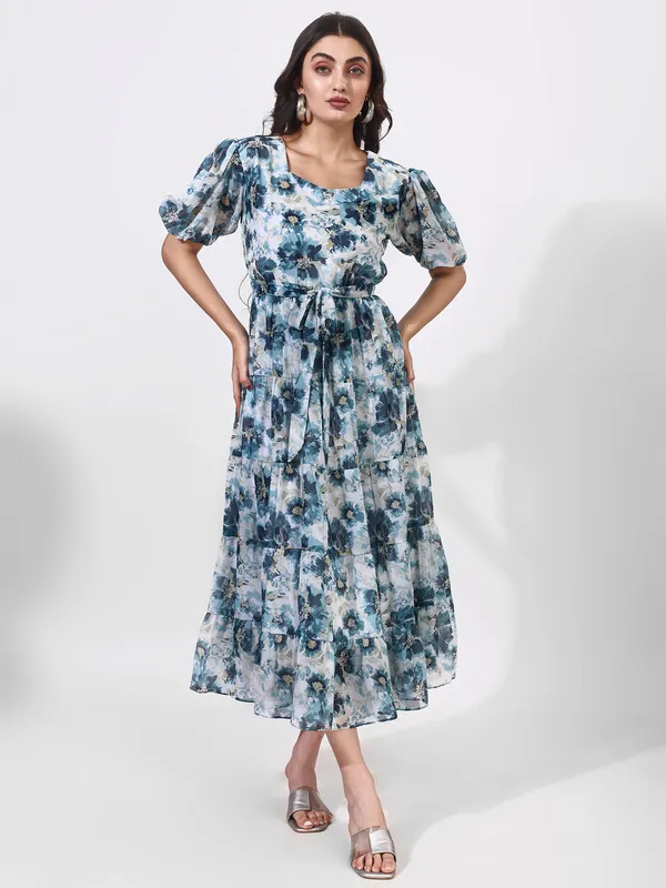 [DRE025.1] Women's Georgette Printed Fit & Flare Dress, Blue (S)