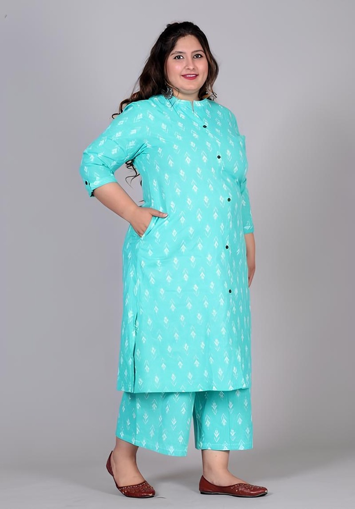 [KUR057.1] Women's Plus Size Cotton Printed Kurta Set, Blue (3XL)