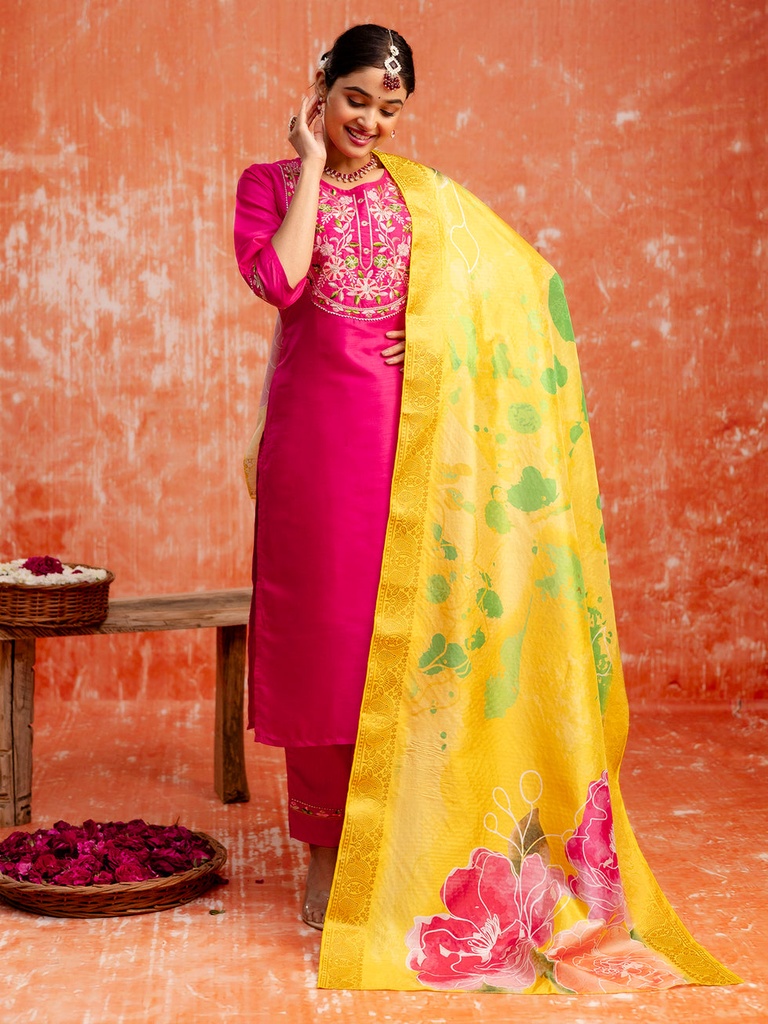 [KUR069.1] Women's Silk Blend Straight Kurta Pant Set with Dupatta, Pink (S)