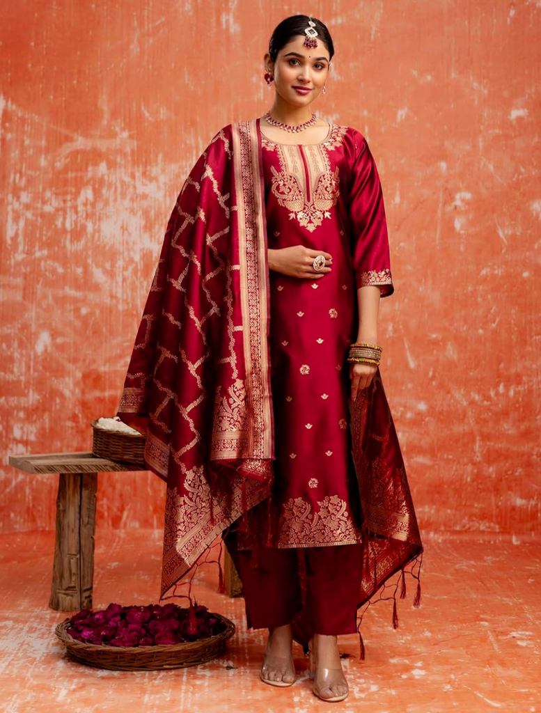 [KUR068.1] Women's Silk Blend Straight Kurta Pant Set with Dupatta, Maroon (S)