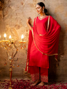 Women's Silk Blend Straight Kurta Pant Set with Dupatta, Red