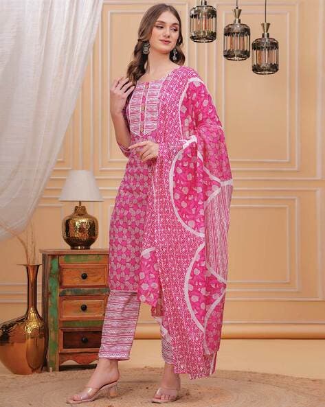 [KUR066.3] Women's Cotton Printed Kurta Set with Dupatta, Pink (L)