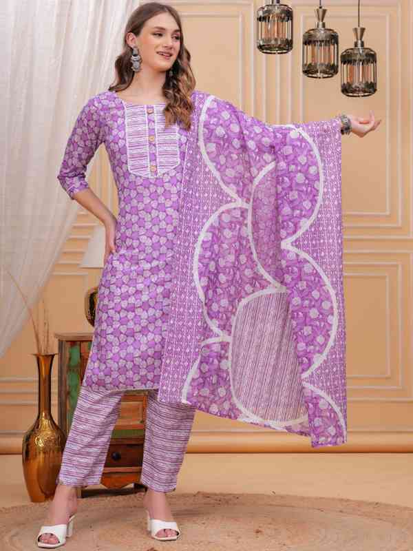 [KUR065.2] Women's Cotton Printed Kurta Set with Dupatta, Purple (M)