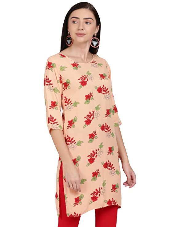 [KUR021.1] Women's Cotton Printed Straight Kurta, Peach (S)