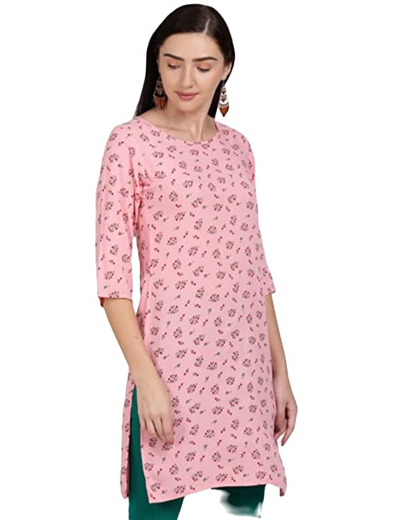 [KUR023.1] Women's Cotton Printed Straight Kurta, Pink (S)