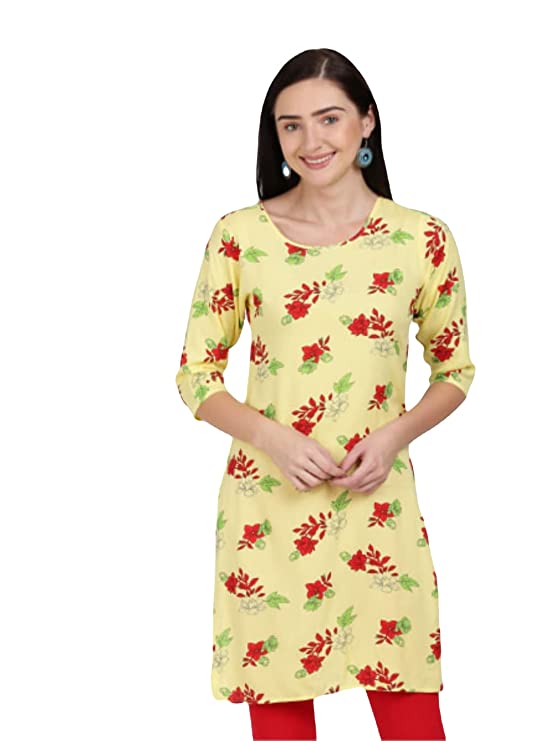 [KUR020.1] Women's Cotton Printed Straight Kurta, Yellow (S)