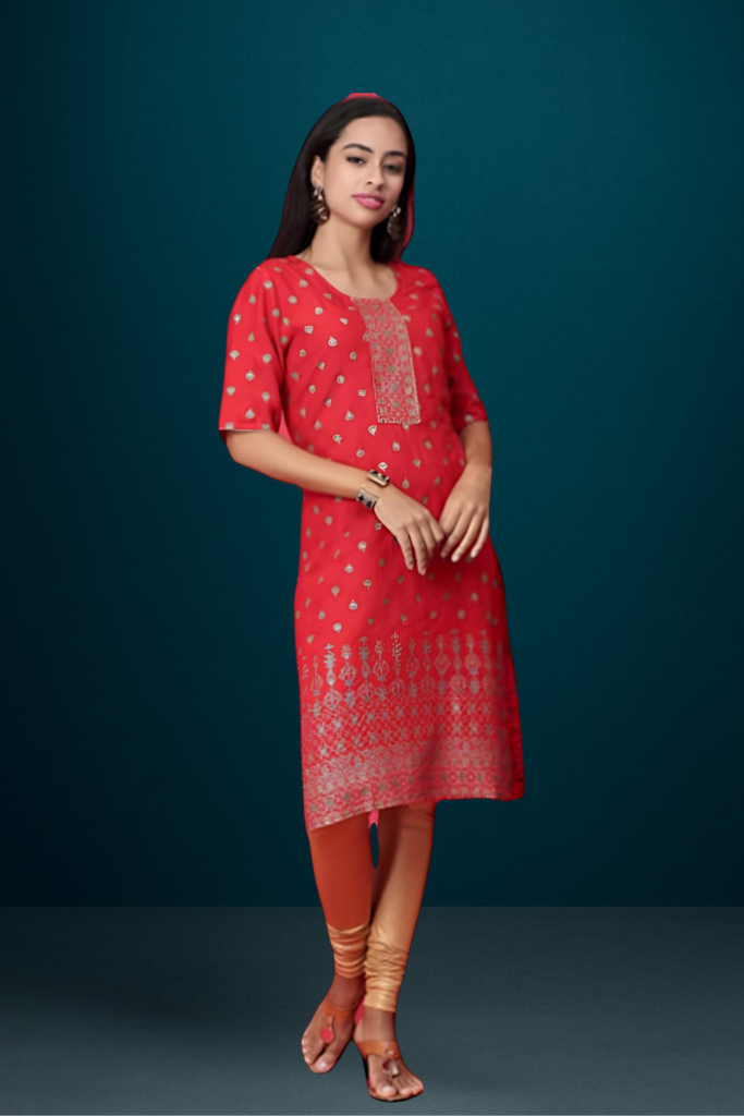 [KUR017.2] Women's Rayon Printed Kurta, Red (M)