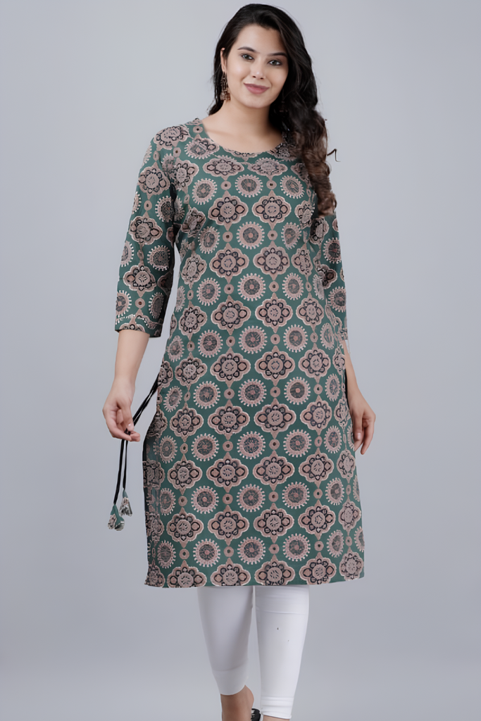 [KUR004.2] Women's Cotton Printed Straight Kurta, Dark Green (M)
