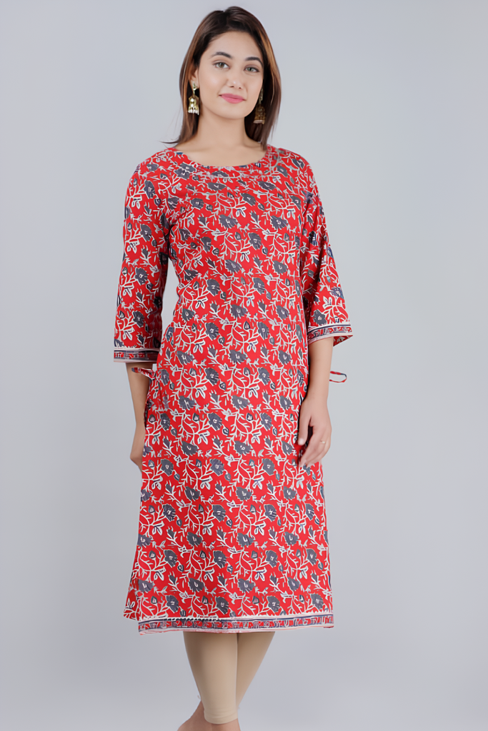 [KUR005.2] Women's Cotton Printed Straight Kurta, Red (M)