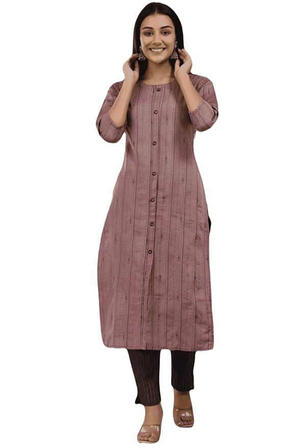 [KUR043.2] Women's Cotton Striped Straight Kurta Set, Purple (M)