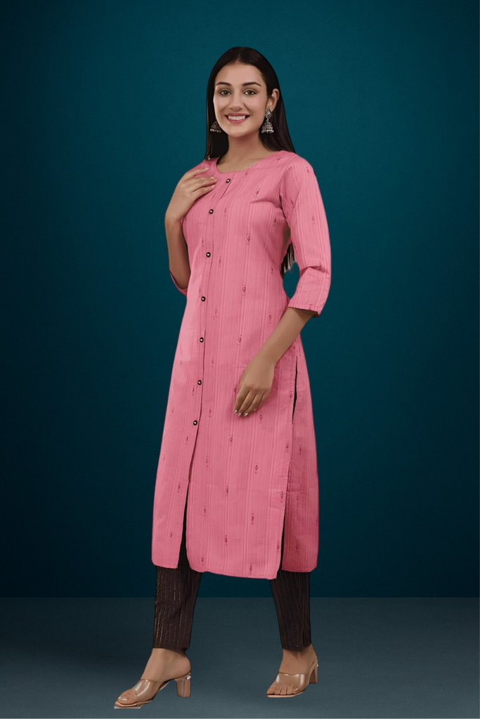 [KUR044.2] Women's Cotton Striped Straight Kurta Set, Pink (M)