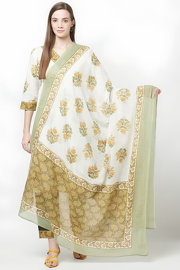 [KUR037.2] Women's Cotton Block Print Straight Kurta Set with Dupatta, Green (S)