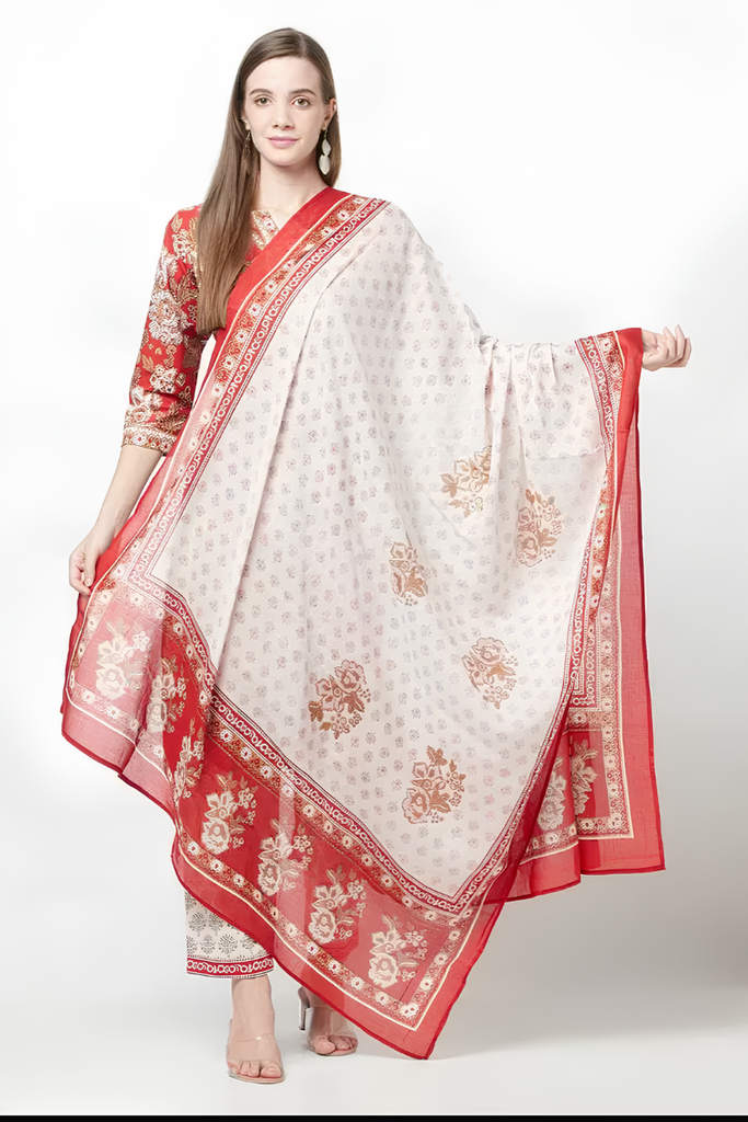 [KUR040.4] Women's Cotton Block Print Straight Kurta Set with Dupatta, Red