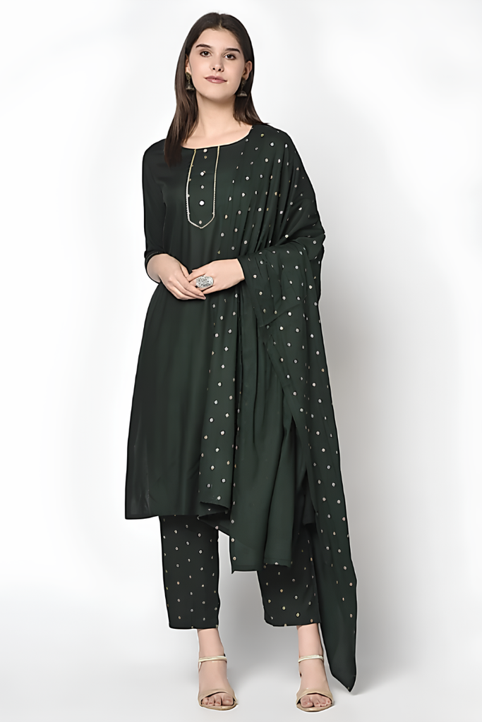 [KUR038.2] Women's Rayon Straight Solid Kurta Palazzo Set with Dupatta, Green (M)