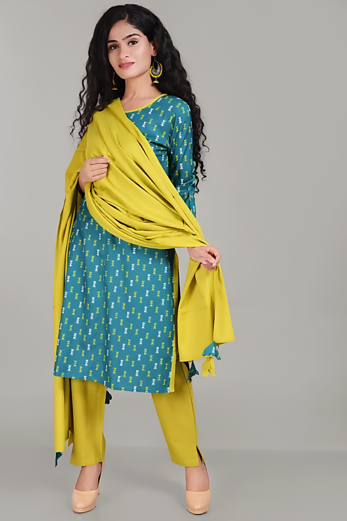 Women's Rayon Printed Straight Kurta Pant Set with Dupatta, Green
