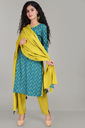 Women's Rayon Printed Straight Kurta Pant Set with Dupatta, Green