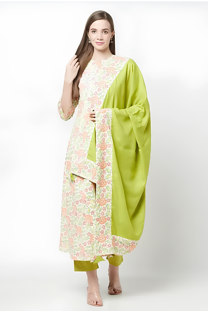 Women's Cotton Printed A Line Kurta Pants Set with Dupatta, Cream