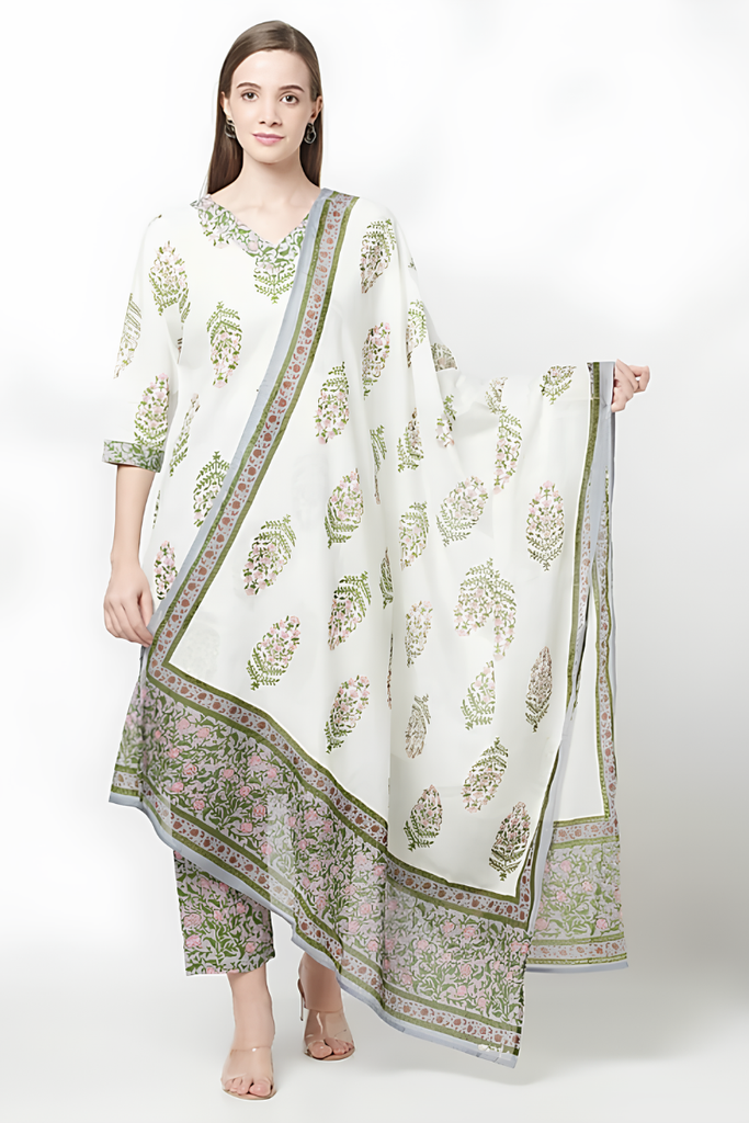 Women's Cotton Printed Kurta Pant Set with Dupatta, White