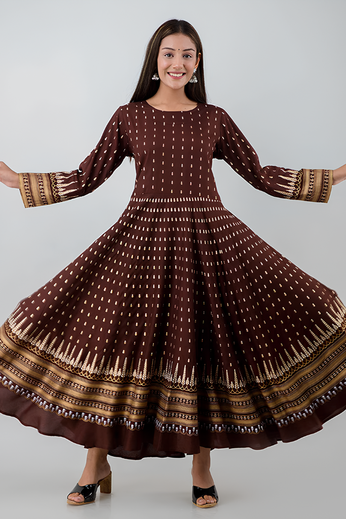 Women's Rayon Printed Anarkali Kurta, Brown 6 Meter Flairs