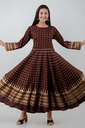 Women's Rayon Printed Anarkali Kurta, Brown 6 Meter Flairs