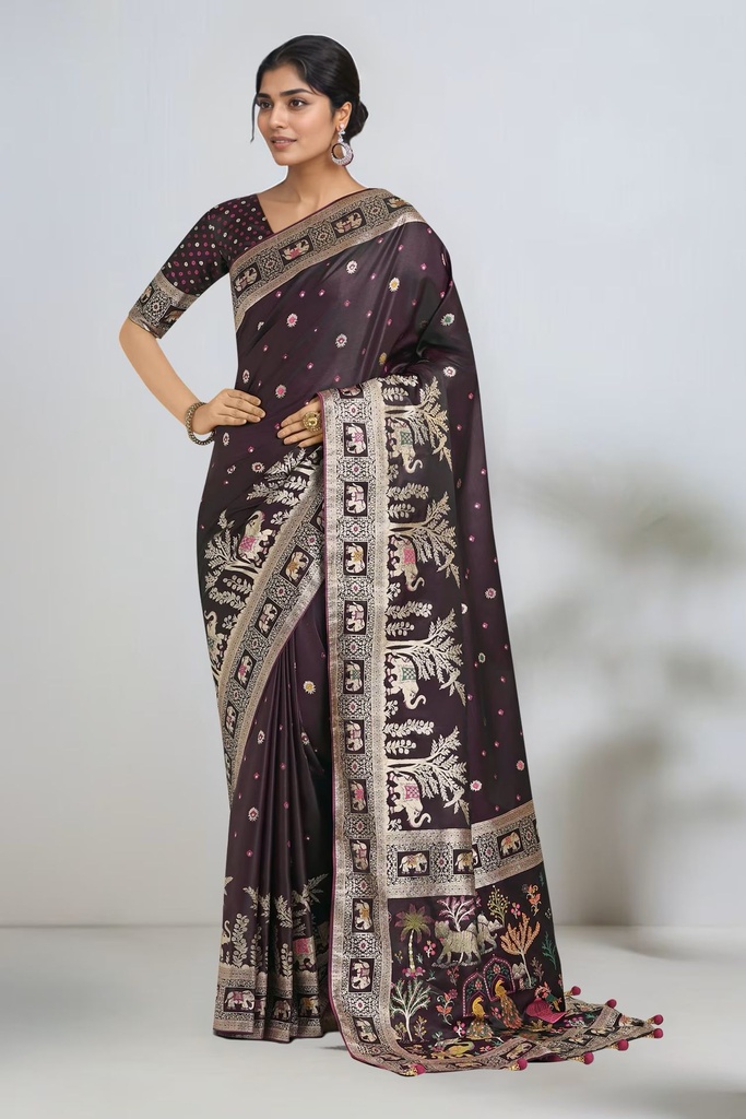 Women's Banarasi Silk Zari Saree, Brown