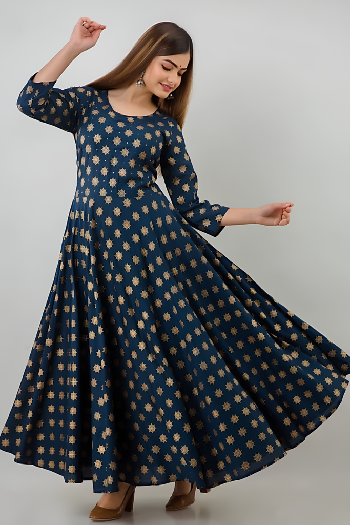 [KUR011.2] Women's Rayon Printed Anarkali Kurta, Blue 6 Meter Flairs