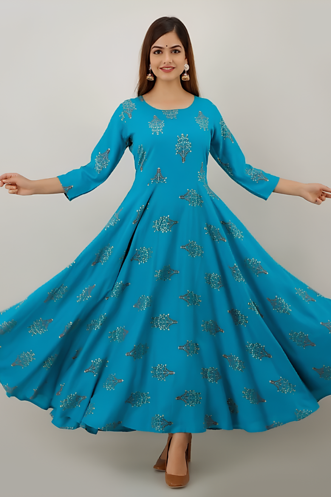 [KUR010.1] Women's Rayon Printed Anarkali Kurta, Turquoise 6 Meter Flairs