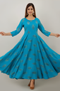Women's Rayon Printed Anarkali Kurta, Turquoise 6 Meter Flairs