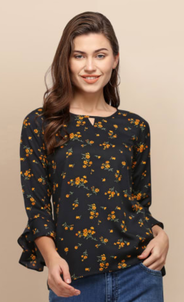 [WES130.1] Women's Crepe Printed Top, Black (S)