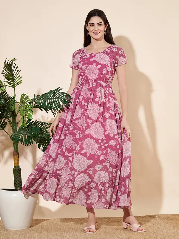 [DRE028.1] Women's Georgette Printed Maxi Dress, Pink (S)
