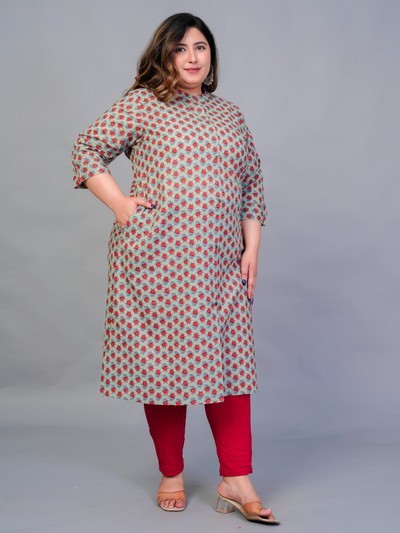 Women's Plus Size Cotton Printed Straight Kurta, Green