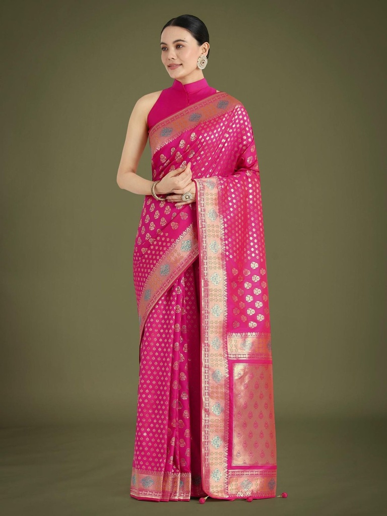 Women's Banarasi Satin Silk Saree, Pink