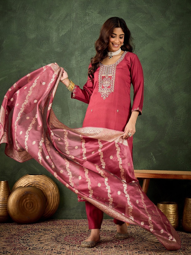 Women's Silk Blend Straight Kurta Pant Set with Dupatta
