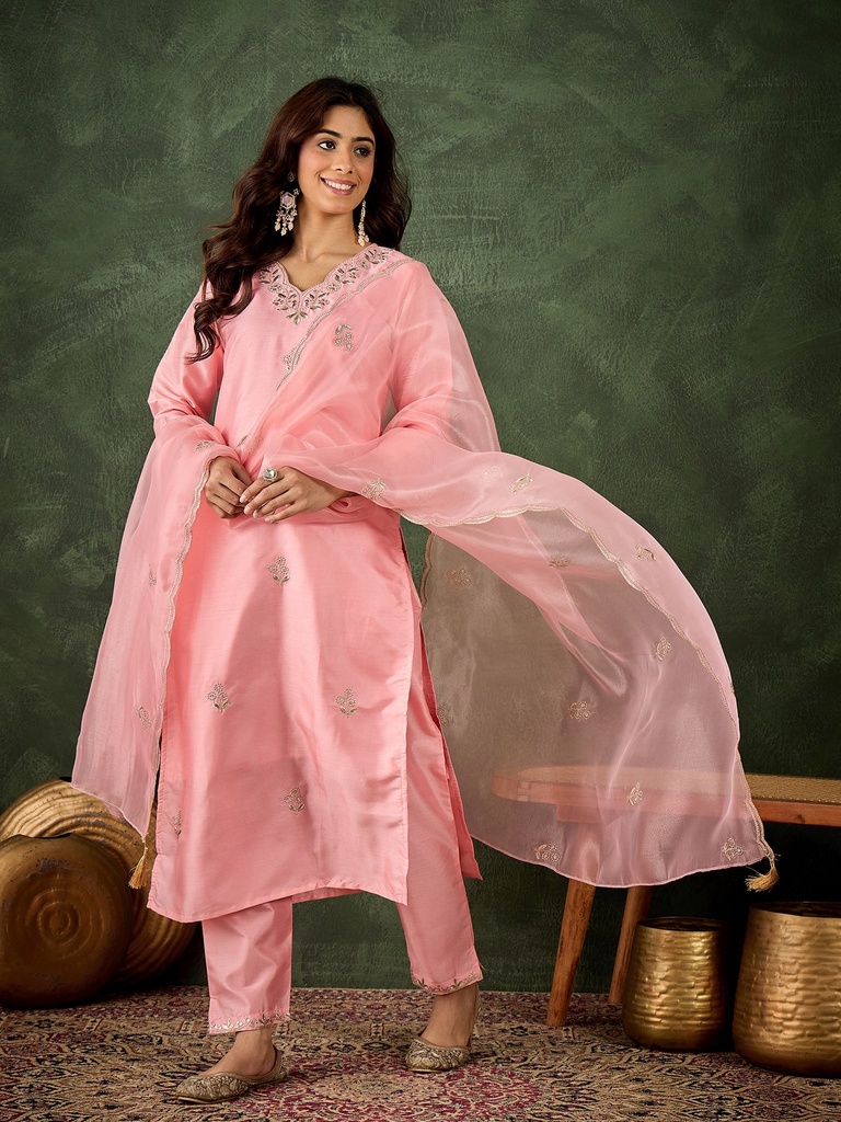 Women's Silk Blend Straight Kurta Pant Set with Dupatta, Pink