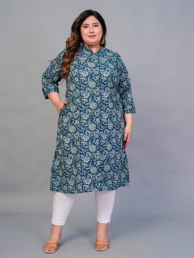 Women's Plus Size Cotton Printed Straight Kurta, Blue