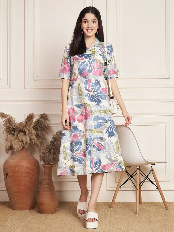 Women's Cotton Printed A Line Dress, Multicolor