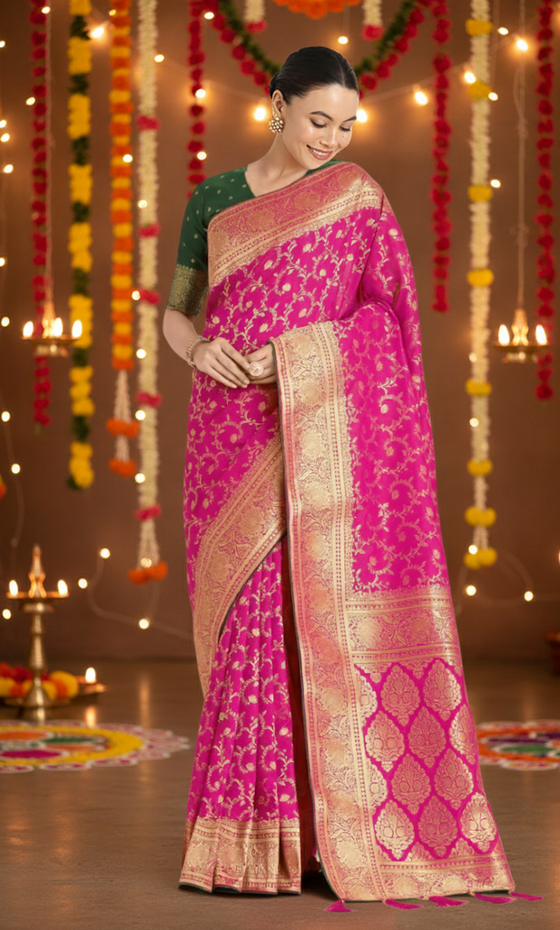 Women's Banarasi Silk Zari Saree, Pink