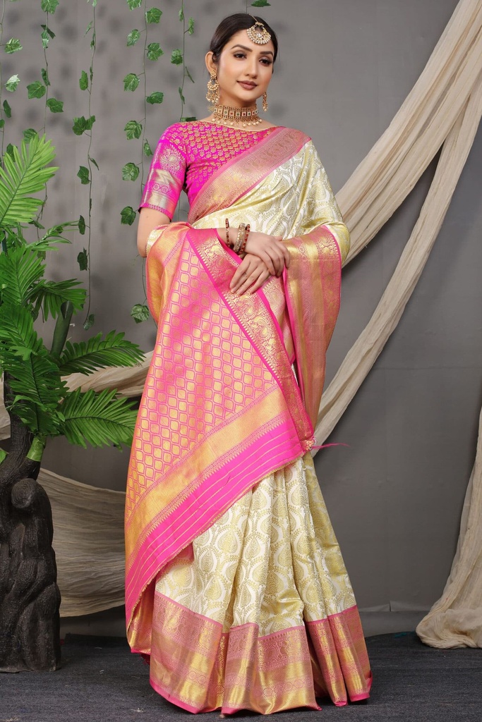 [SAR061] Women's Banarasi Silk Blend Saree, Beige