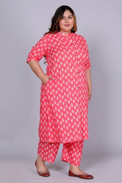 Women's Plus Size Cotton Printed Kurta Set, Pink