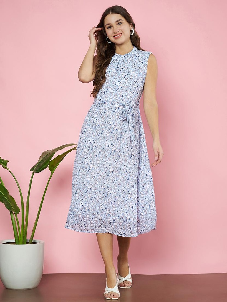 [DRE029.1] Women's Georgette Printed A Line Dress, Blue (S)
