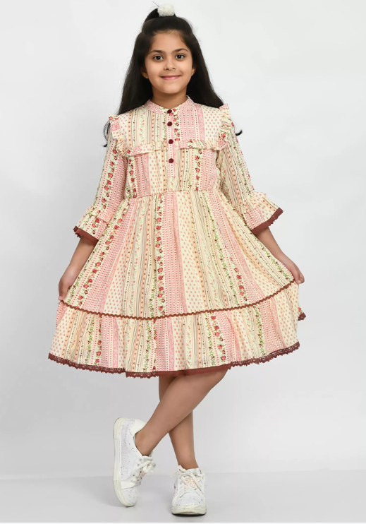 [GDRE007.3] Girl's Cotton Printed Neck Dress, Multicolored (10-11 Years)