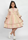 Girl's Cotton Printed Neck Dress, Multicolored