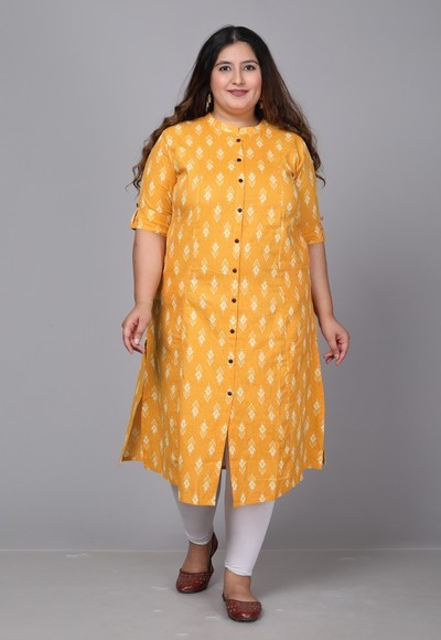 Women's Plus Size Cotton Printed Straight Kurta, Yellow