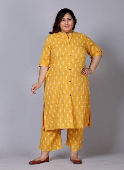 Women's Plus Size Cotton Printed Kurta Set, Yellow