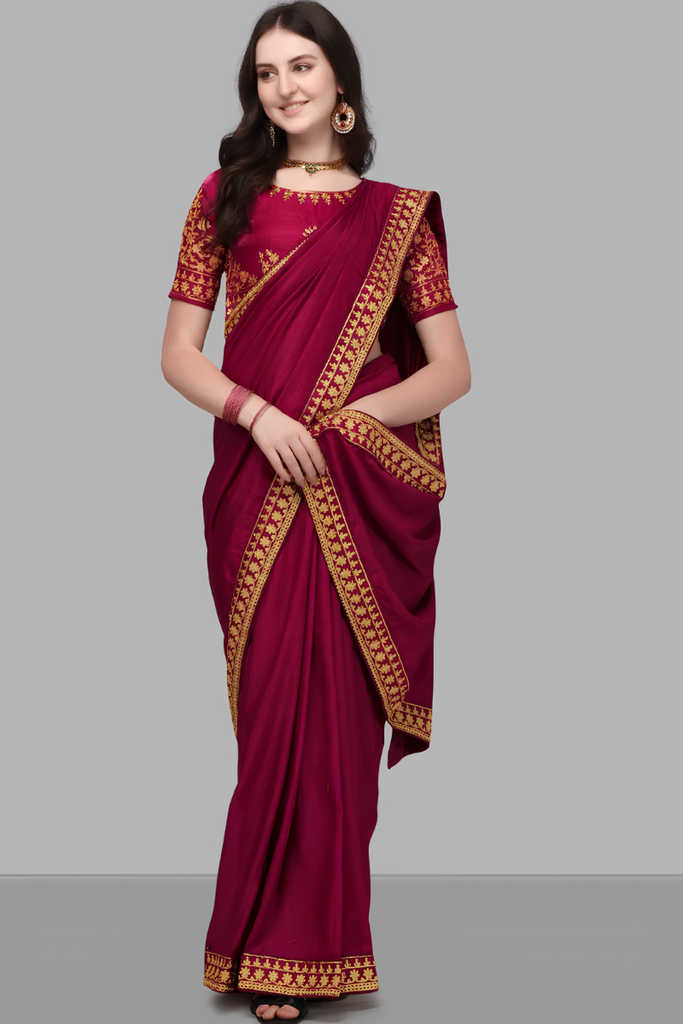 Women's Silk Embroidered Border Plain Saree, Maroon