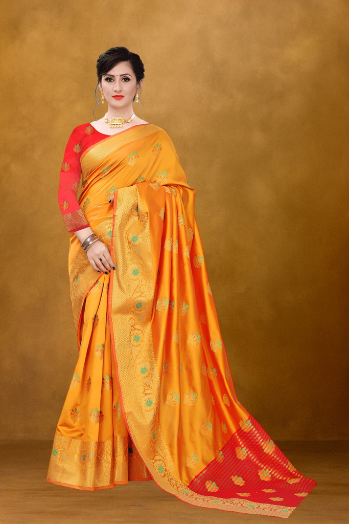 Women's Silk Blend Zari Woven Saree, Yellow
