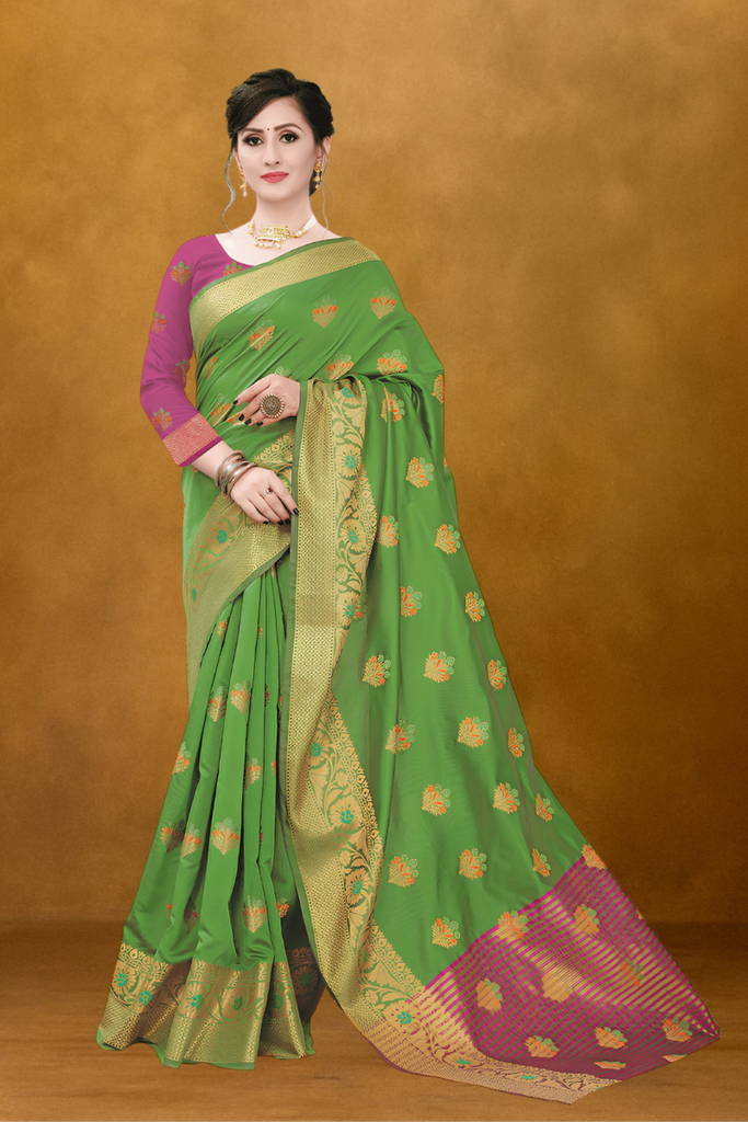 Women's Silk Blend Zari Woven Saree, Green